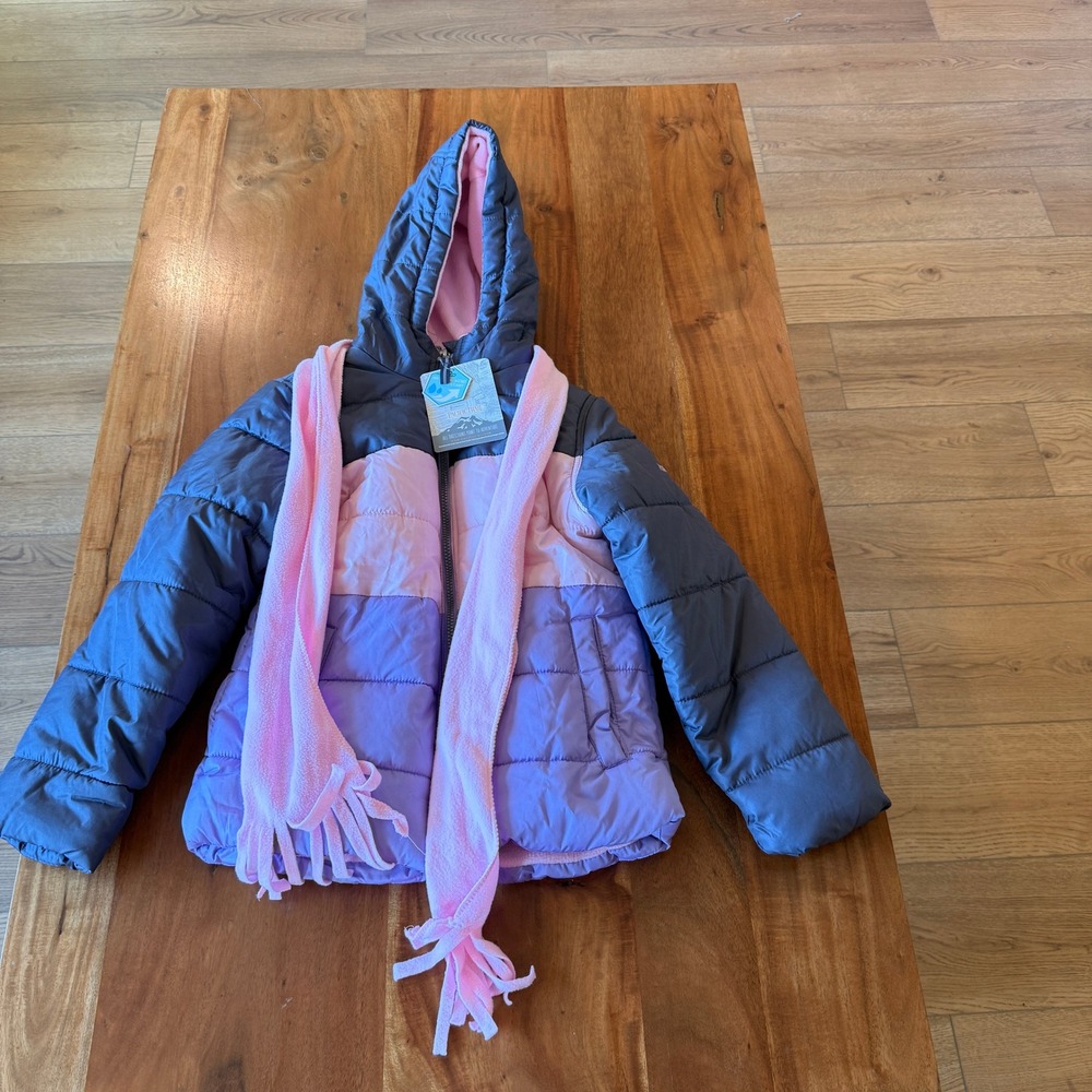 Pacific Trail Girl's Gray/Pink/Purple Puffer Jacket w/ Scarf Size 10/12 NWT